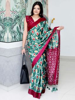 Akhilam - Green Printed Cotton Saree with Unstitched Blouse