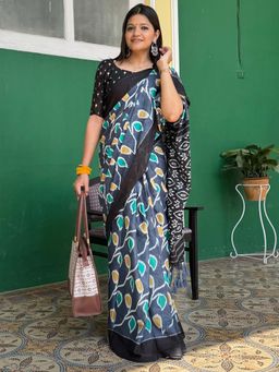 Akhilam - Grey Printed Cotton Saree with Unstitched Blouse