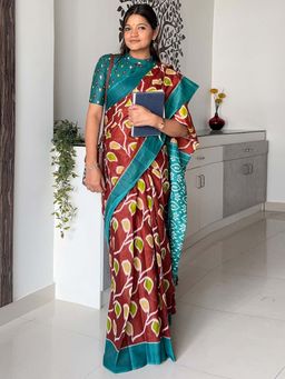 Akhilam - Brown Printed Cotton Saree with Unstitched Blouse