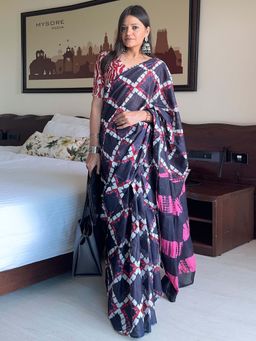 Akhilam - Navy Blue Printed Cotton Saree with Unstitched Blouse