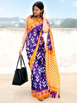 Akhilam - Purple Printed Cotton Saree with Unstitched Blouse