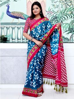 Akhilam - Blue Printed Cotton Saree with Unstitched Blouse