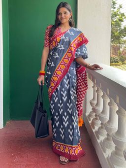 Akhilam - Grey Printed Cotton Saree with Unstitched Blouse