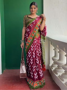 Akhilam - Maroon Printed Cotton Saree with Unstitched Blouse