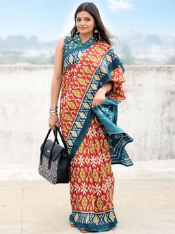 Akhilam - Rust Printed Cotton Saree with Unstitched Blouse