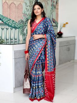 Akhilam - Grey Printed Cotton Saree with Unstitched Blouse