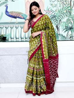 Akhilam - Olive Printed Cotton Saree with Unstitched Blouse