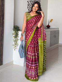 Akhilam - Maroon Printed Cotton Saree with Unstitched Blouse