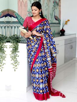 Akhilam - Navy Blue Printed Cotton Saree with Unstitched Blouse