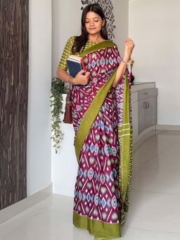 Akhilam - Magenta Printed Cotton Saree with Unstitched Blouse