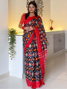 Akhilam - Black Printed Cotton Saree with Unstitched Blouse