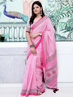 Akhilam - Pink Printed Cotton Saree with Unstitched Blouse