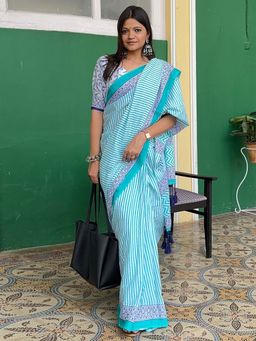 Akhilam - Blue Printed Cotton Saree with Unstitched Blouse
