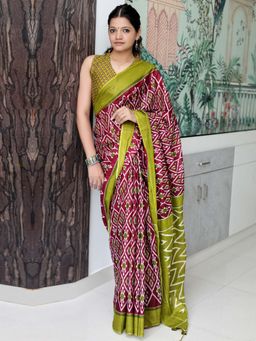 Akhilam - Maroon Printed Cotton Saree with Unstitched Blouse