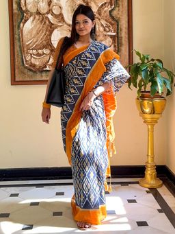 Akhilam - Blue Printed Cotton Saree with Unstitched Blouse