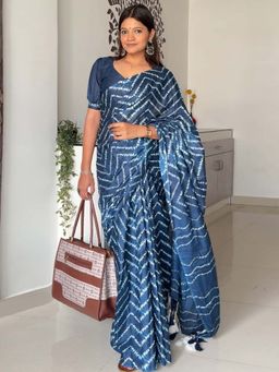 Akhilam - Navy Blue Printed Cotton Saree with Unstitched Blouse