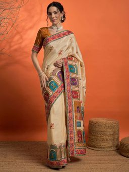 Akhilam - Cream Woven Viscose Saree with Unstitched Blouse