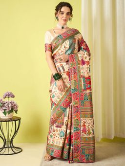Akhilam - Cream Woven Viscose Saree with Unstitched Blouse