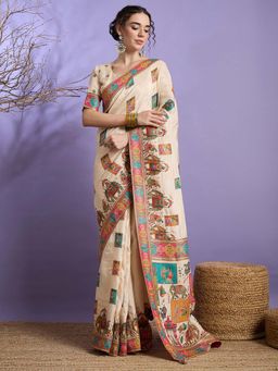 Akhilam - Cream Woven Viscose Saree with Unstitched Blouse