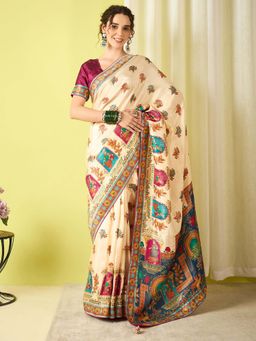 Akhilam - Cream Woven Viscose Saree with Unstitched Blouse