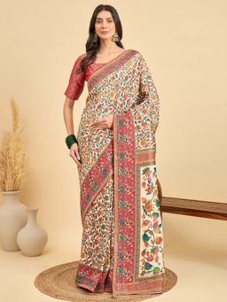 Akhilam - Cream Woven Viscose Saree with Unstitched Blouse