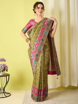 Akhilam - Olive Woven Viscose Saree with Unstitched Blouse
