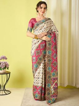 Akhilam - Cream Woven Viscose Saree with Unstitched Blouse