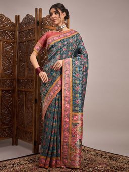 Akhilam - Teal Woven Viscose Saree with Unstitched Blouse