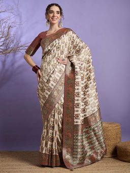 Akhilam - Cream Woven Viscose Saree with Unstitched Blouse