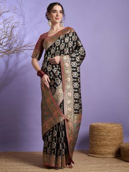 Akhilam - Black Woven Viscose Saree with Unstitched Blouse
