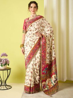 Akhilam - Cream Woven Viscose Saree with Unstitched Blouse