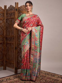 Akhilam - Red Woven Viscose Saree with Unstitched Blouse