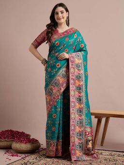 Akhilam - Blue Woven Viscose Saree with Unstitched Blouse