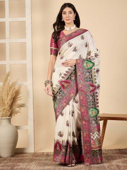 Akhilam - White Woven Viscose Saree with Unstitched Blouse