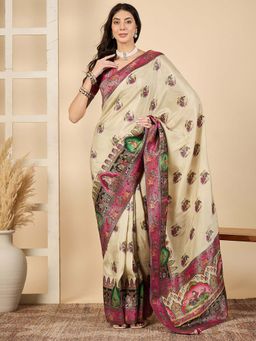 Akhilam - Cream Woven Viscose Saree with Unstitched Blouse