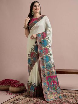 Akhilam - Off White Woven Viscose Saree with Unstitched Blouse