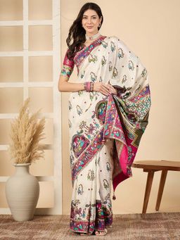 Akhilam - Off White Woven Viscose Saree with Unstitched Blouse
