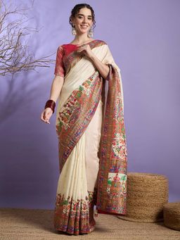 Akhilam - Cream Woven Viscose Saree with Unstitched Blouse