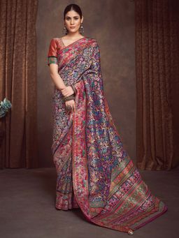 Akhilam - Navy Blue Woven Viscose Saree with Unstitched Blouse