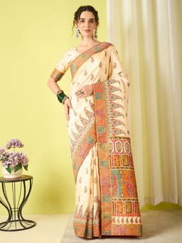 Akhilam - Cream Woven Viscose Saree with Unstitched Blouse