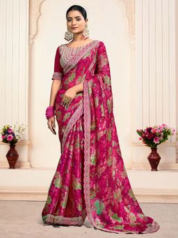 Akhilam - Pink Printed Organza Saree with Unstitched Blouse