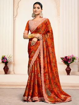 Akhilam - Orange Printed Organza Saree with Unstitched Blouse