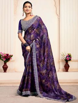 Akhilam - Purple Printed Organza Saree with Unstitched Blouse