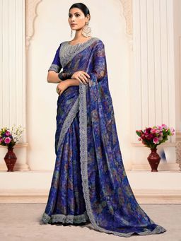 Akhilam - Navy Blue Printed Organza Saree with Unstitched Blouse