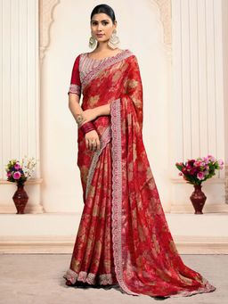 Akhilam - Red Printed Organza Saree with Unstitched Blouse