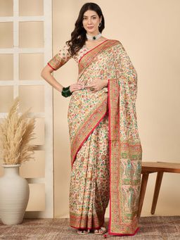 Akhilam - Cream Woven Silk Saree with Unstitched Blouse