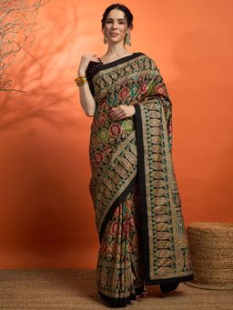 Akhilam - Black Printed Silk Saree with Unstitched Blouse