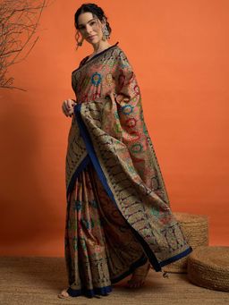 Akhilam - Navy Blue Printed Silk Saree with Unstitched Blouse