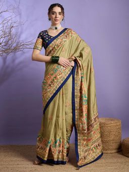 Akhilam - Navy Blue Printed Silk Saree with Unstitched Blouse