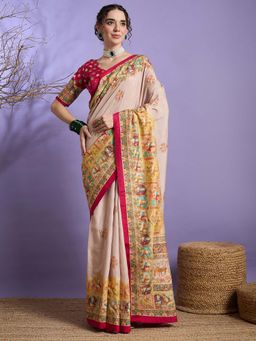 Akhilam - Beige Printed Silk Saree with Unstitched Blouse